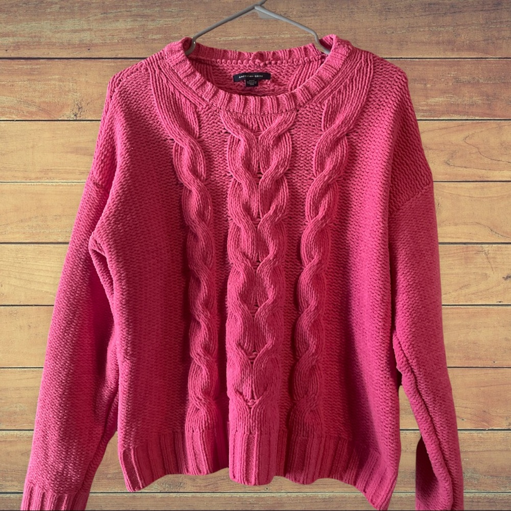 American Eagle Chunky Cable Knit Crewneck Sweater Pink Size M EUC
